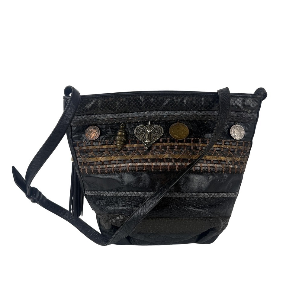 Sharif Shoulder Bag Womens Black Patchwork Leather Tassel‎ Coin Aztec Boho USA